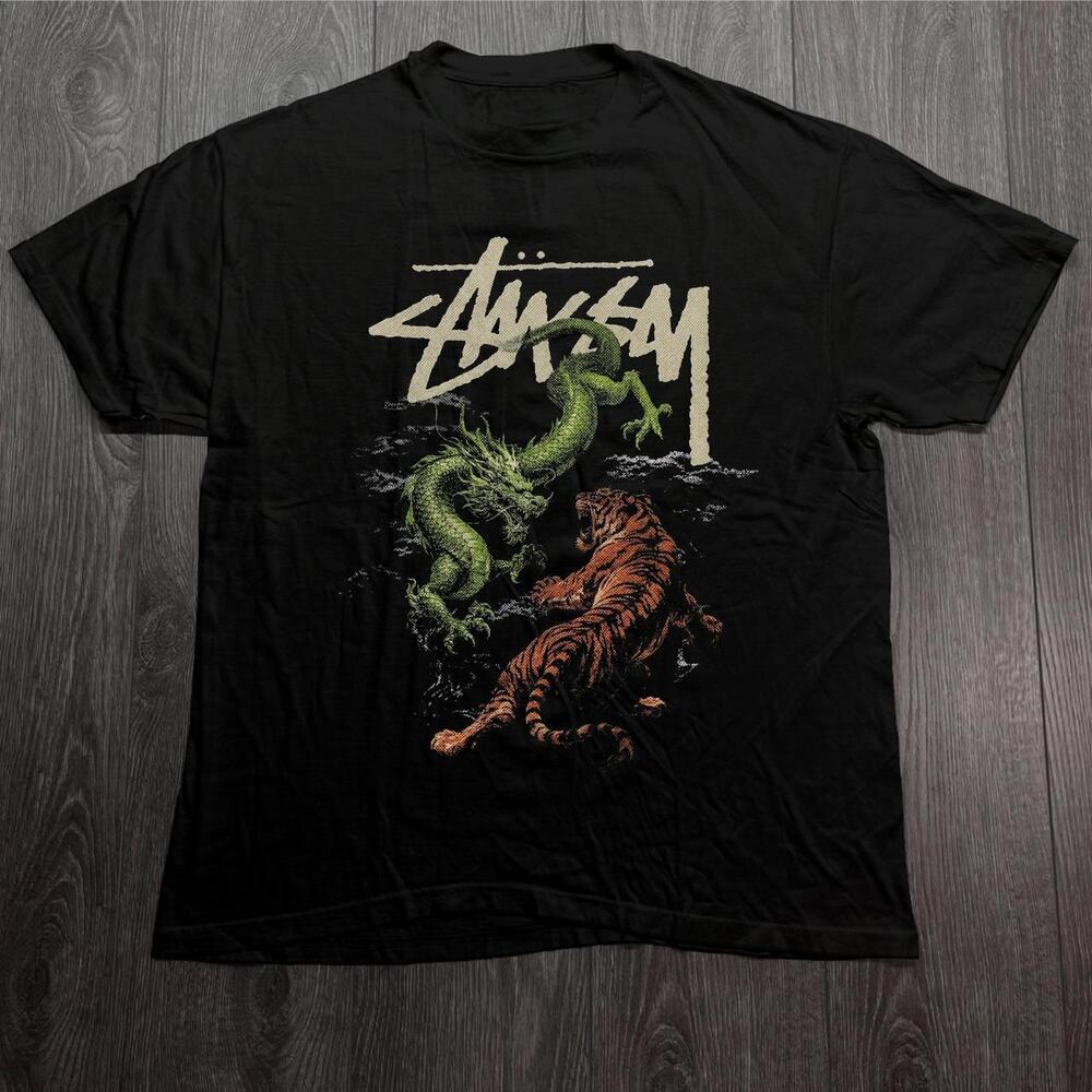 Black Stussy Tiger And Dragon Tee